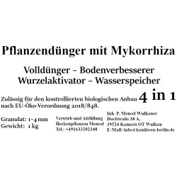 Pflanzendünger mit Mykorrhiza 4x1. Vertrieb und Abfüllung Heckenpflaznen Mencel